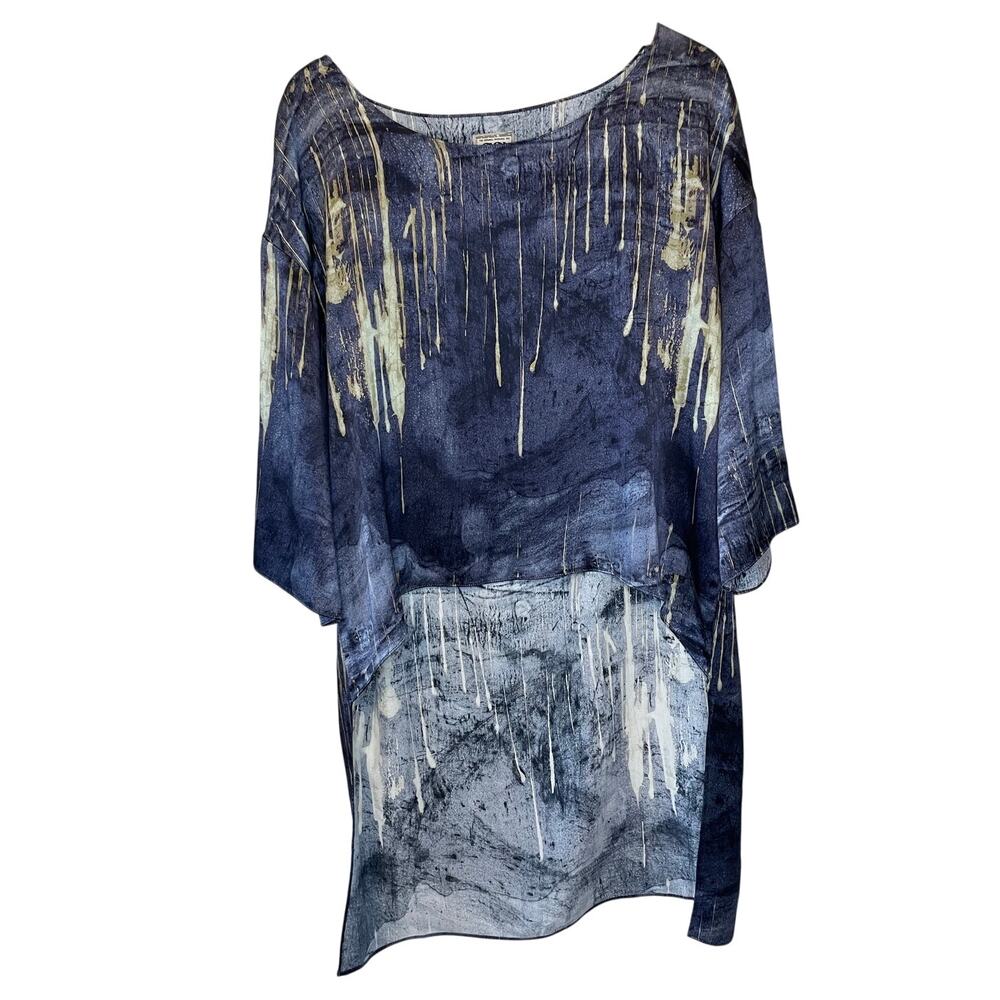 Go by Go Silk Boho Hi Low Deep Blue Abstract Design 3/4 Sleeve Square Cut Top M